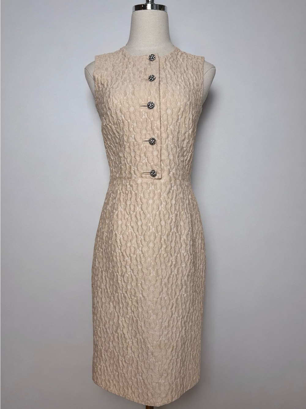 Dolce & Gabbana Sleeveless Textured Cream Midi Dress w/ Rhinestone Buttons Sz40
